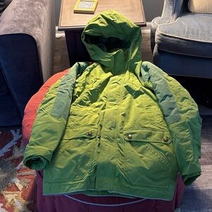 Lands End Boys Green Hooded Parka with zip fleece liner in body and sleeves